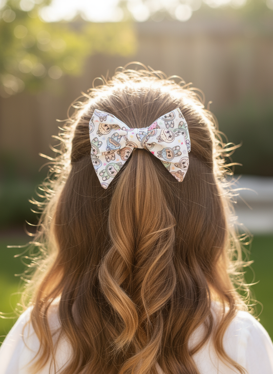 Sloth bow lifestyle image - half up half down ponytail