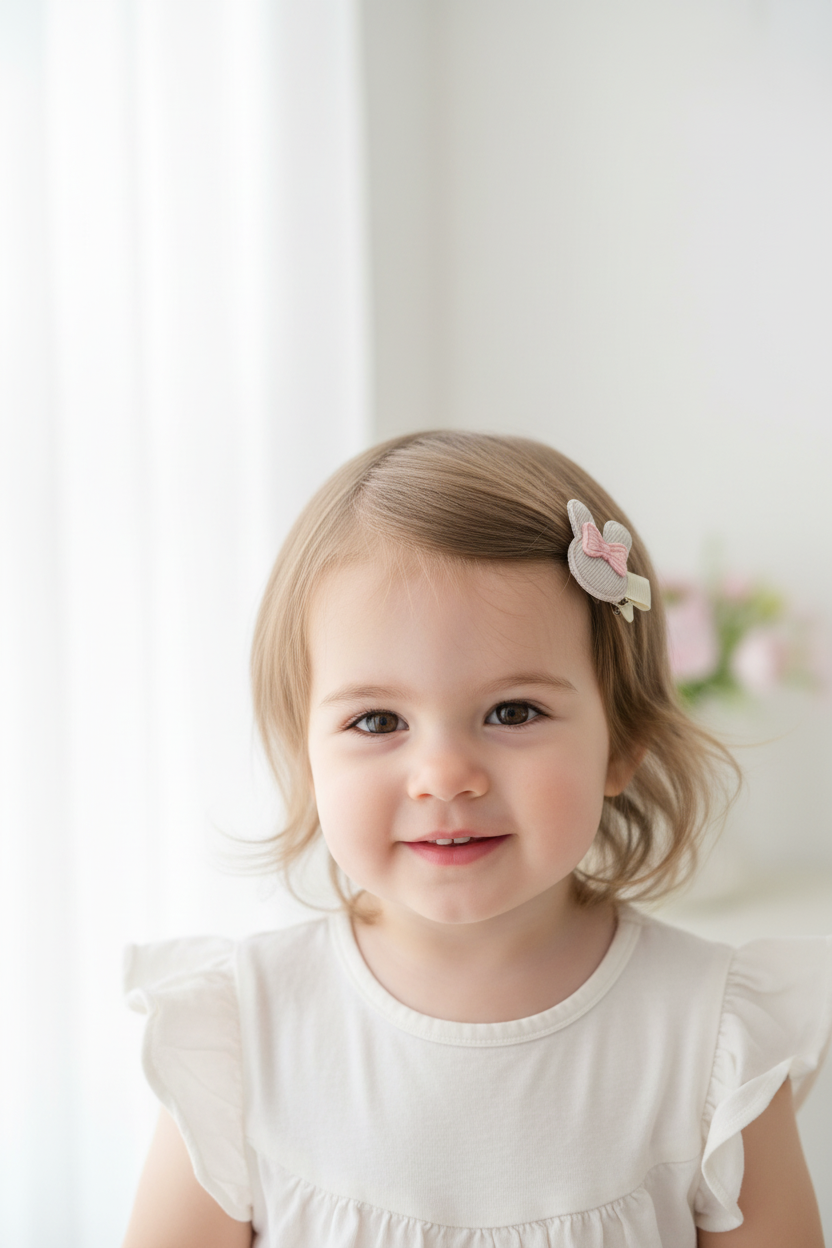 Small child wearing mini bunny clip holding back bangs