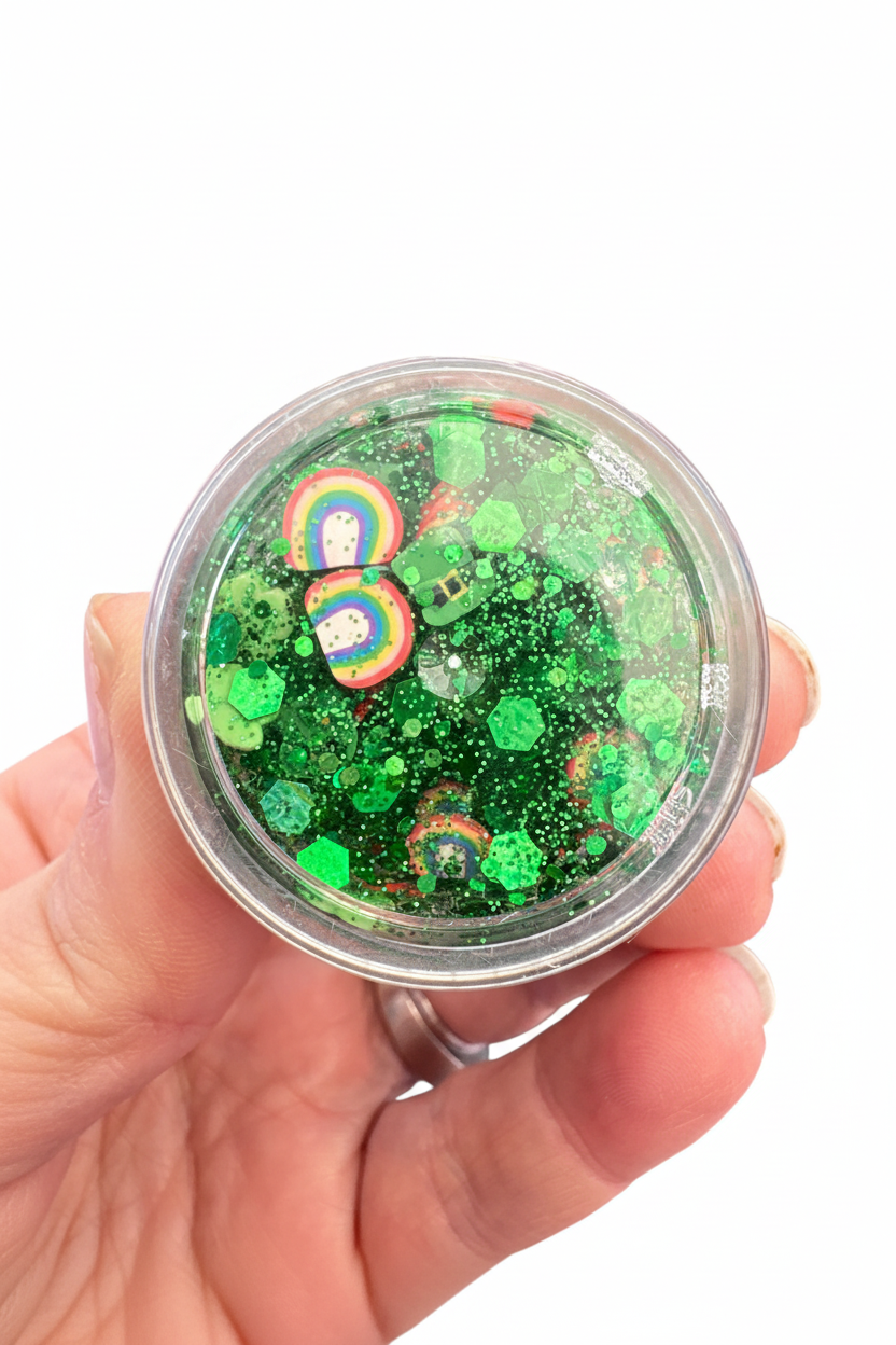 St. Patrick's Day glitter container product photo in 2:3 aspect ratio
