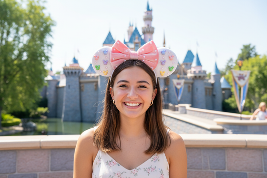 Teenage girl wearing velvet and pastel pearl mouse ear headband at Disneyland