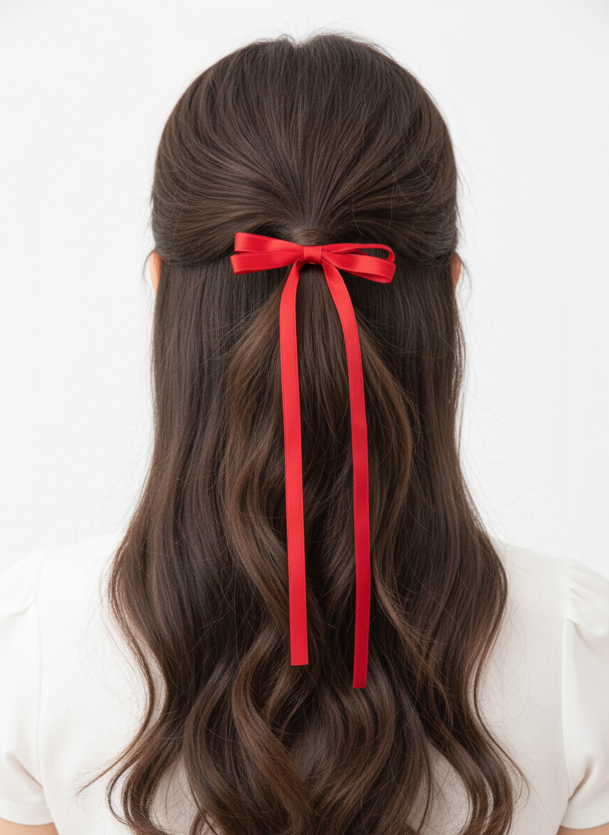 Thin red streamer bow on half-up half-down hairstyle