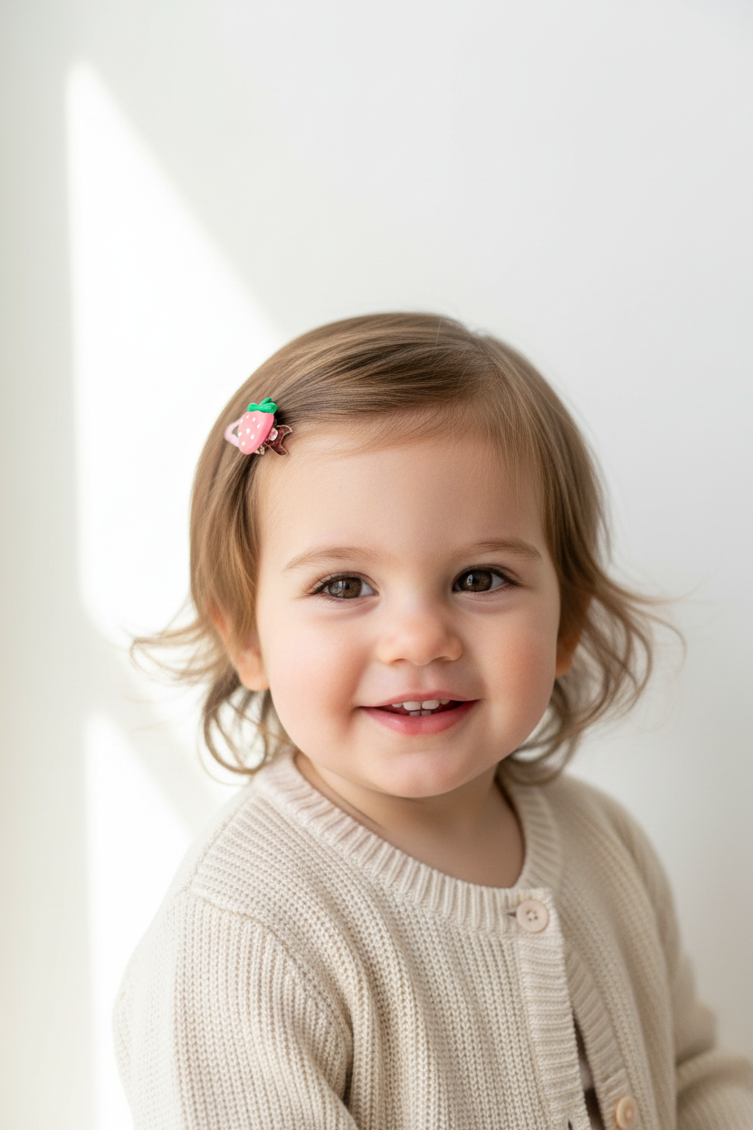 Toddler wearing hair clip with snap end toward back