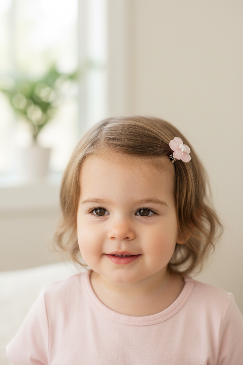 Toddler wearing pink flower clip holding back bangs