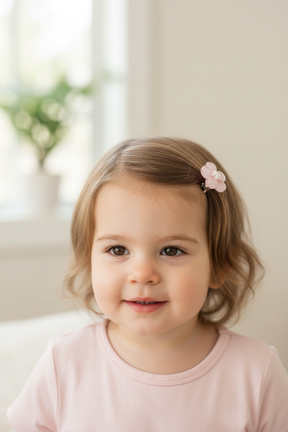Toddler wearing pink flower clip holding back bangs