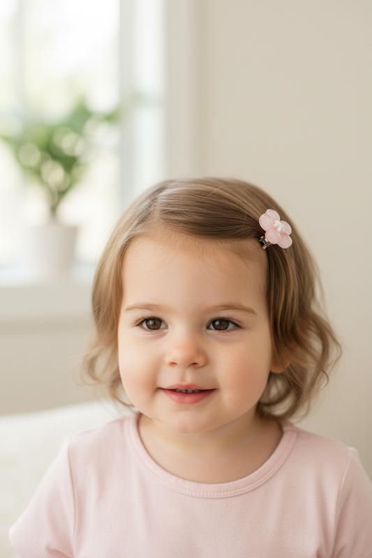 Toddler wearing pink flower clip holding back bangs