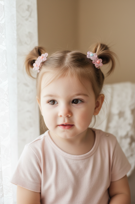 Toddler with flower clips at top of pigtails