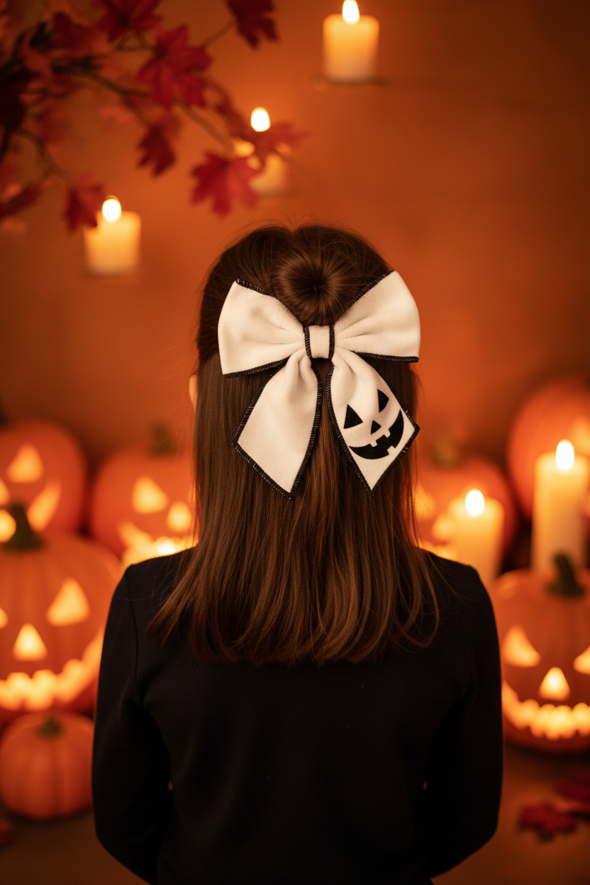 White Velvet Pumpkin Bow Halloween Lifestyle