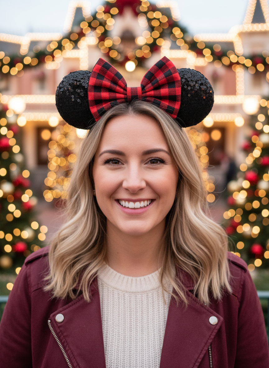 Woman wearing Buffalo Plaid Mouse Ears at Christmas theme park