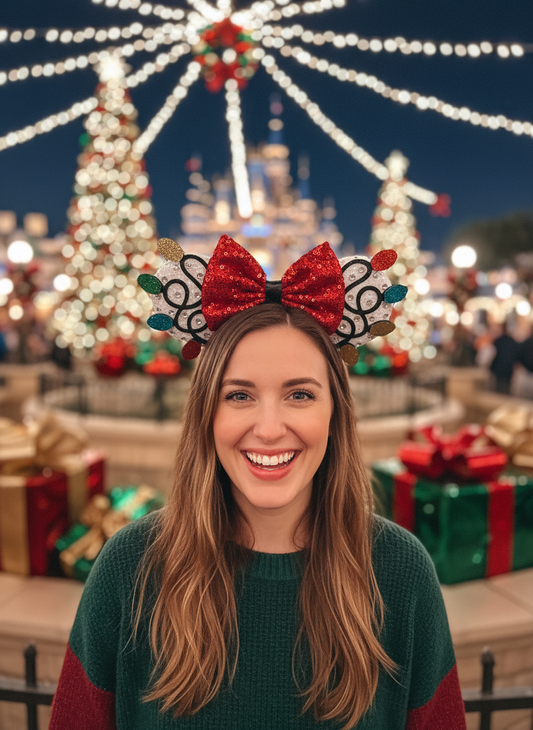 Woman wearing Holiday Lights Mouse Ears at Disney Christmas