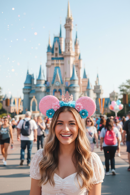 Woman wearing pink and aqua crown princess mouse ear headband at theme park