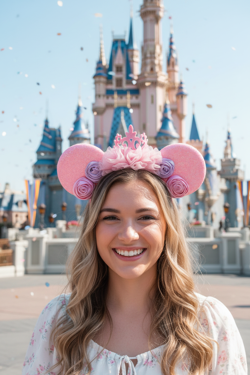 Woman wearing pink and purple crown princess mouse ear headband at theme park